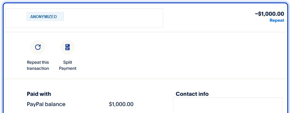 Anonymous payment proof showing a $1,000 sent payment with recipient details redacted.