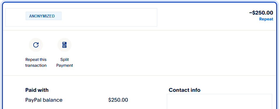 Anonymous payment proof showing a $250 sent payment with recipient details redacted.