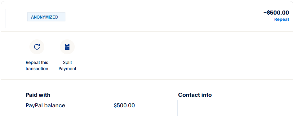 Anonymous payment proof showing a $500 sent payment with recipient details redacted.