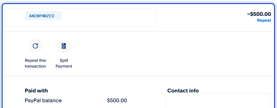 Anonymous payment proof showing a $500 sent payment with recipient details redacted.