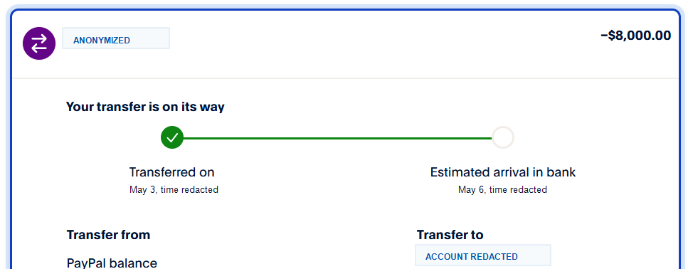 Redacted transfer proof example with bank and account information hidden.