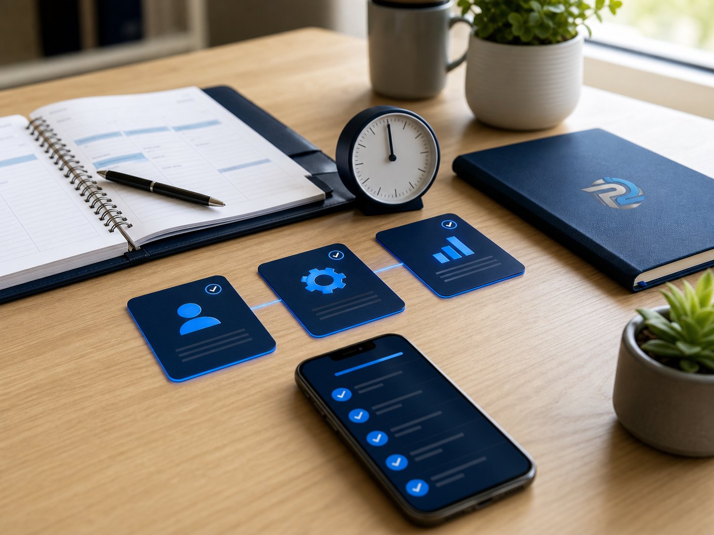 Planner, timer, and organized workflow cards on a warm desk