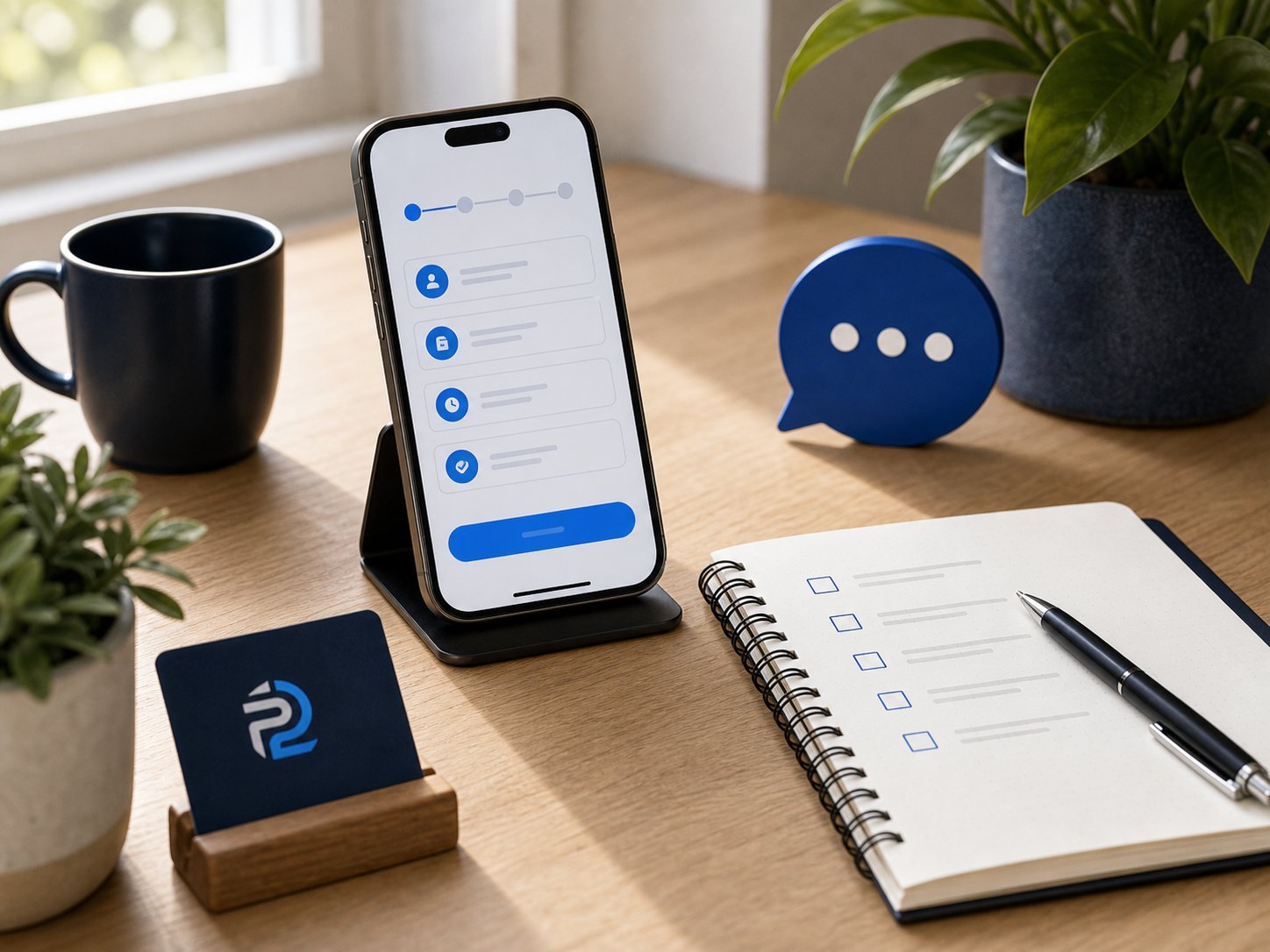 Phone intake screen with checklist notebook and support icon