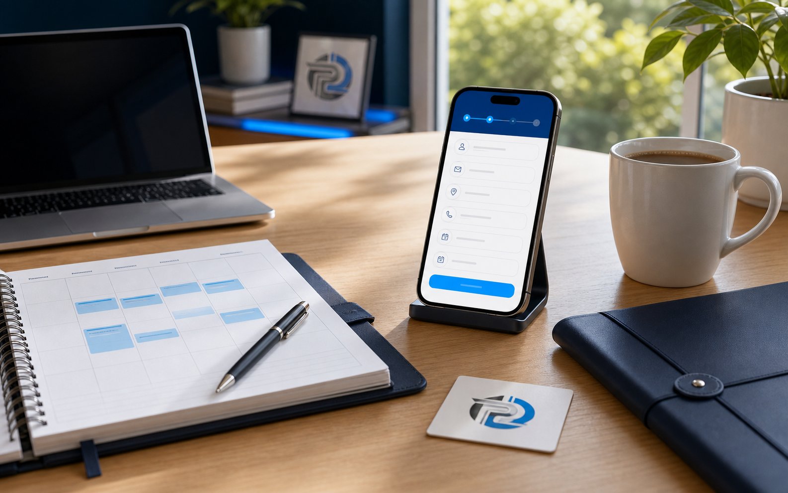 Organized workspace with a phone intake screen, planner, and Player 2 Systems brand card