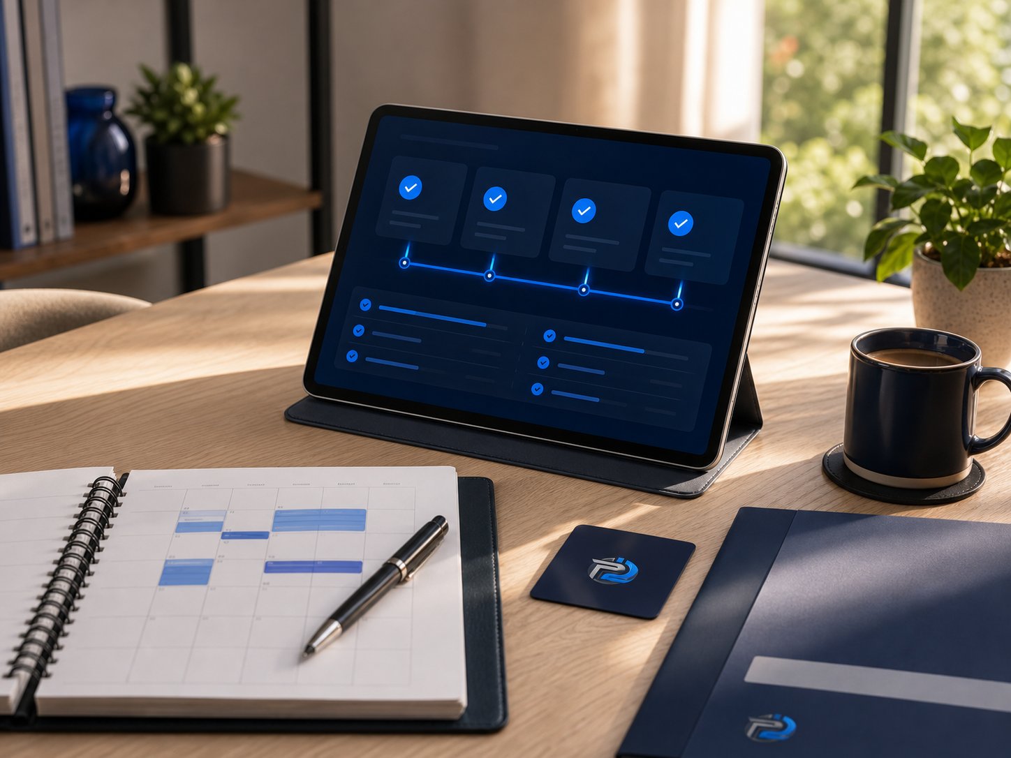 Tablet with progress timeline and organized project materials